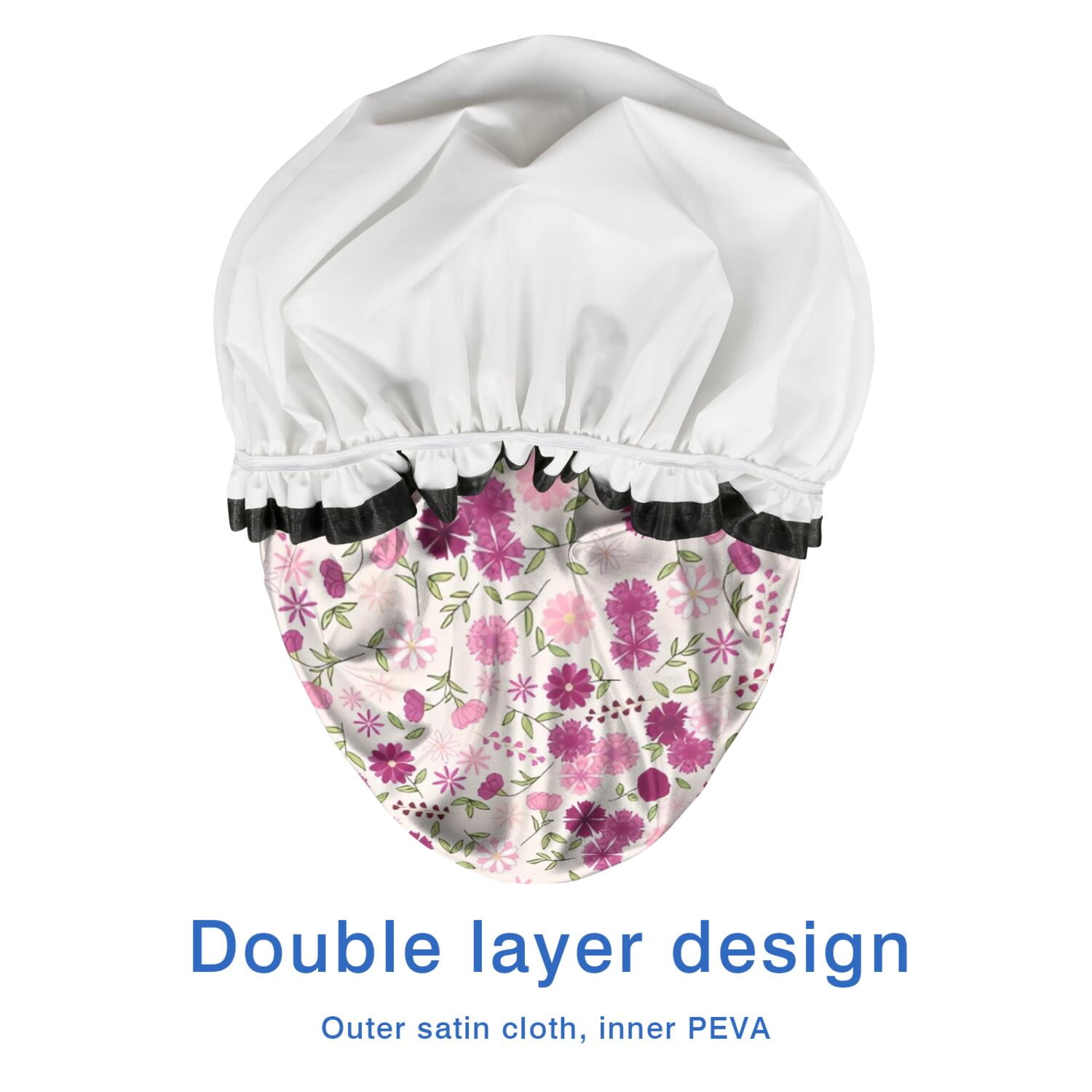 Shower Caps,Pink Pioneer Flower Pattern Waterproof Shower Cap for Women 4 Pieces,Double Reusable Hair Cover for Shower PEVA Elastic Stretch Hem