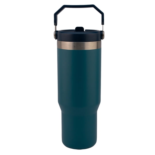 Termo Doble Pared de Acero Inoxidable con Asa y Popote, Azul Metálico, 900 ml