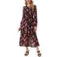 thumbnail image 2 of INSPIRE CHIC Vestidos de Chifón para Mujeres con Mangas Largas Semi Transparentes con Volantes y Capas, Vestido Bohemio Floral con Bolsillo, Negro con Flores Rojas, Talla S, 2 of 6
