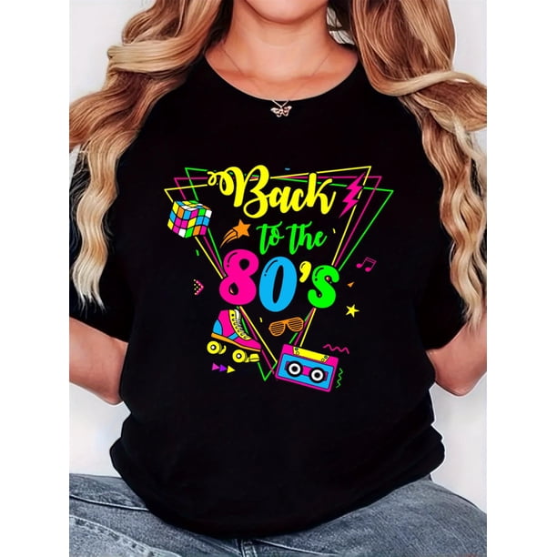 Camisetas de verano para mujer, manga corta, cuello redondo, casual, lindo, con gráficos, camisetas básicasWomen's Retro 80s Triangle Skates Graphic T-Shirt - "Back to the 80's" Print, Black Casual