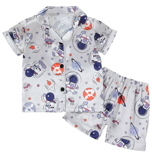 Odeerbi 1-8 Años Niños Niñas Pijama de Verano de Satén Con Solapa de Muesca Camisas de Manga Corta Pantalones Conjunto de Pijama Con Estampado Floral Suave