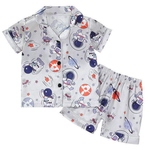 Odeerbi 1-8 Años Niños Niñas Pijama de Verano de Satén Con Solapa de Muesca Camisas de Manga Corta Pantalones Conjunto de Pijama Con Estampado Floral Suave