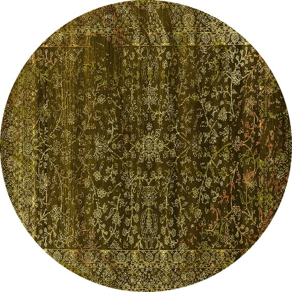 Ahgly Company Machine Washable Indoor Round Oriental Yellow Industrial Area Rugs, 8' Round