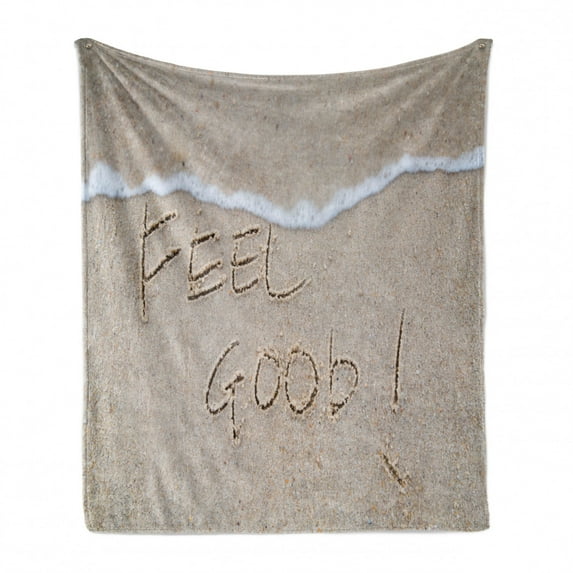 Saying Soft Flannel Fleece Throw Blanket, Positive Message Written on a Sandy Beach Summer Vacation Seaside Picture, Cozy Plush for Indoor and Outdoor Use, 50" x 60", Pale Taupe White, by Ambesonne