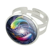 Pisces Zodiac Symbol Fish in Space Yin Yang Silver Plated Adjustable Novelty Ring