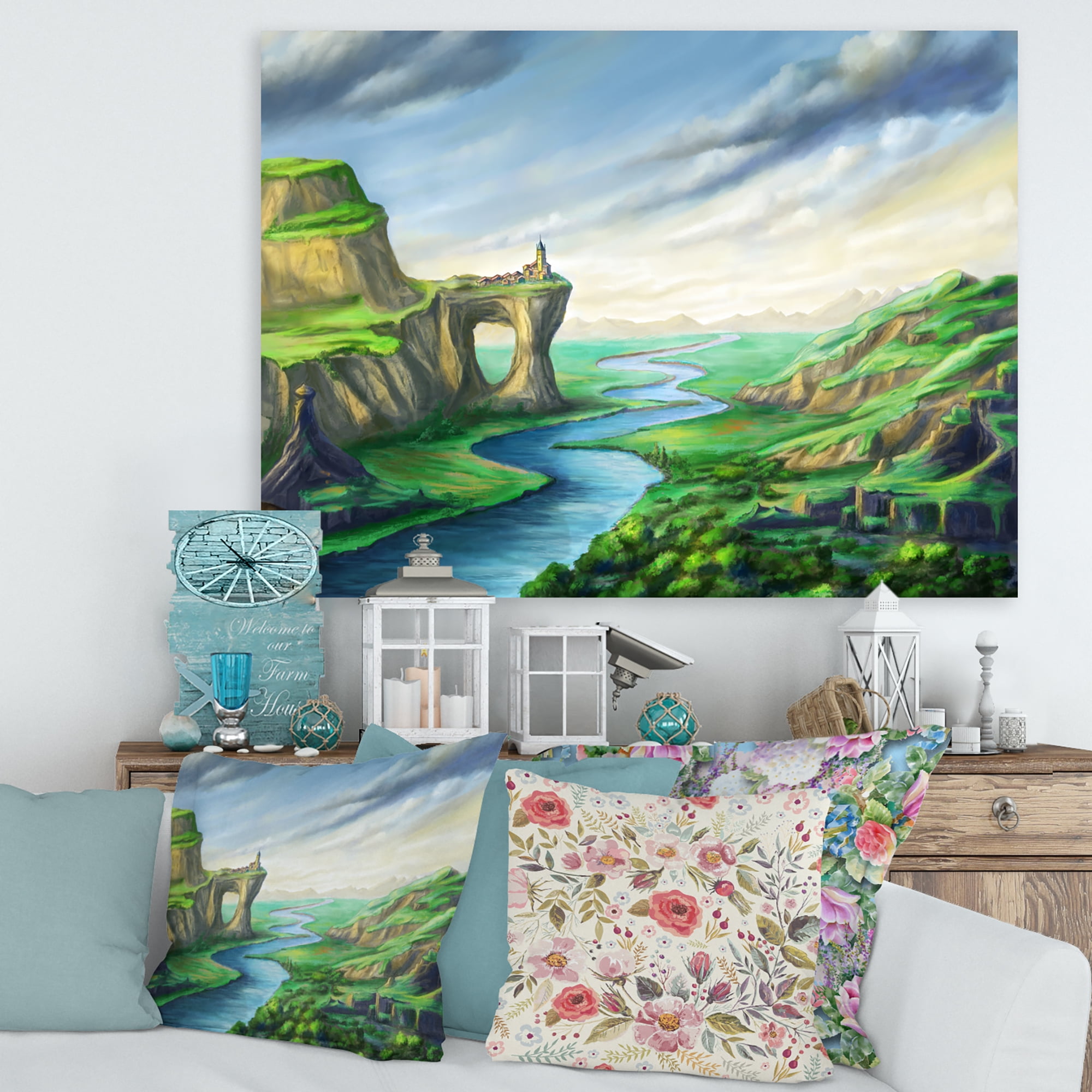 Designart ' Meandering River With Blue Fantasy Landscape ' Lake House Canvas Wall Art Print