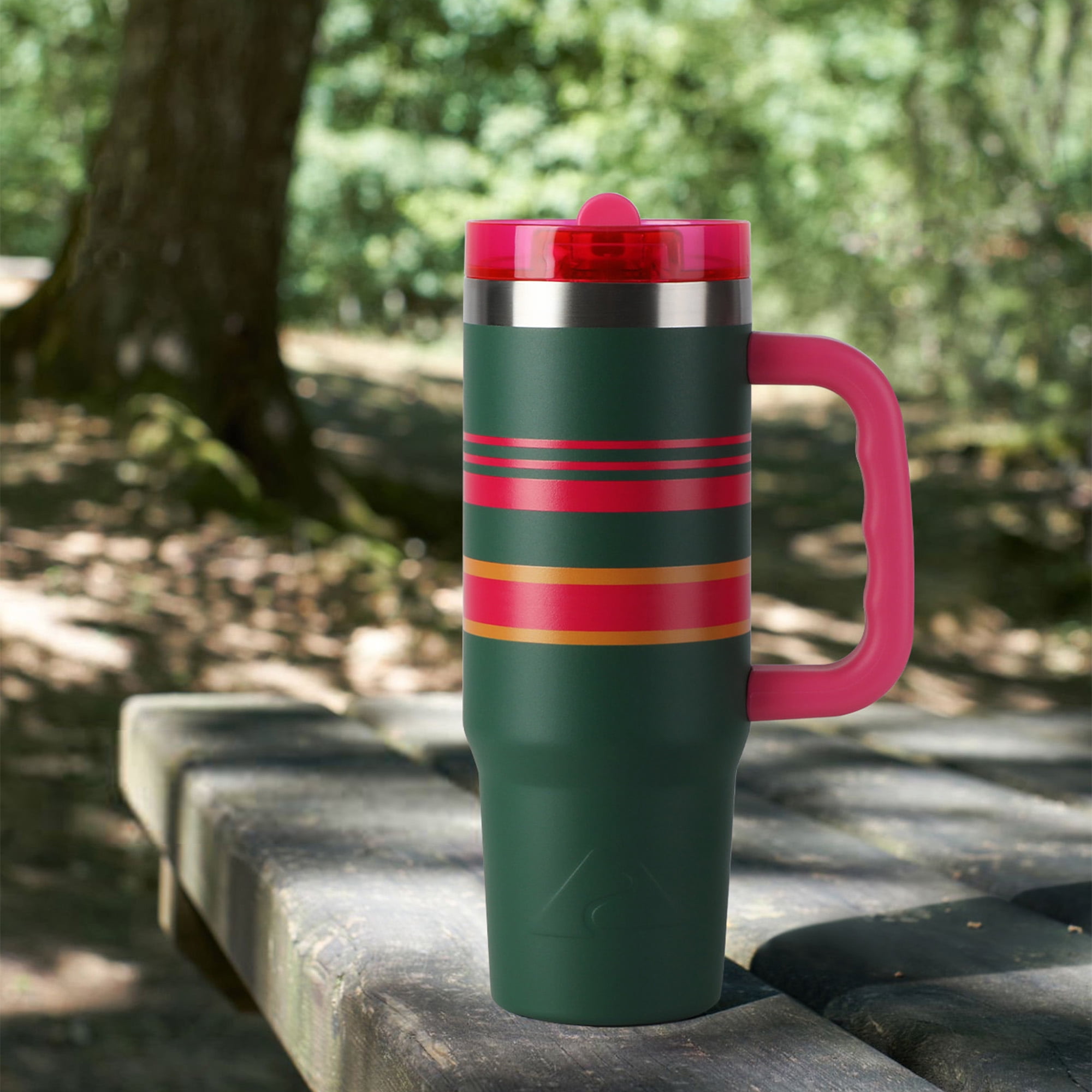 Ozark Trail Varsity 30 oz Stainless Steel Insulated Tumbler with Handle, Green and Pink Stripe