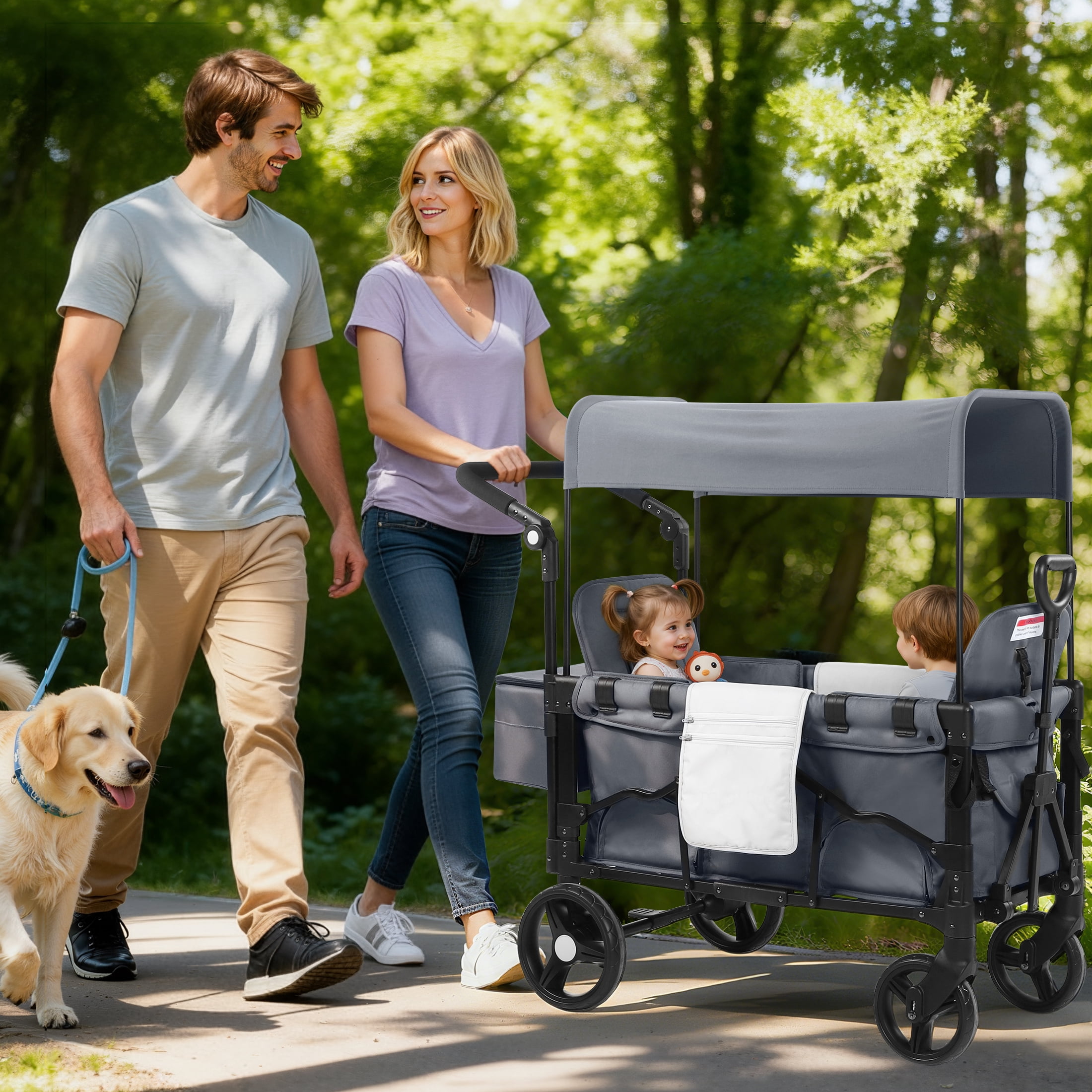 Minikid Baby Wagon Stroller for 2 Kids,Toddler Stroller With Canopy, Gray