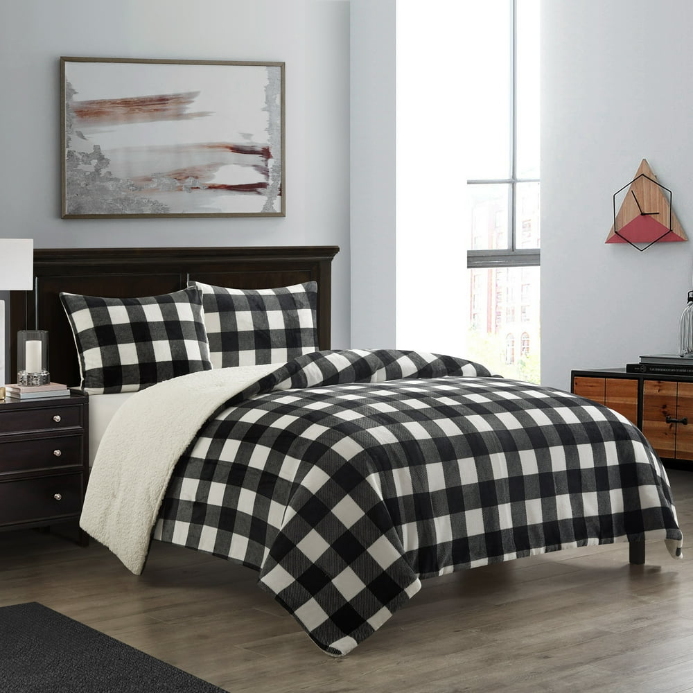 Dearfoams Buffalo Plaid White 3 Piece Reversible Comforter Set, Black