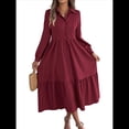 thumbnail image 1 of Vestido Camisero Informal de 3/4 para Mujer, con Botones, Cuello en V, Cuello Escalonado, Holgado y Vino Tinto M, 1 of 9