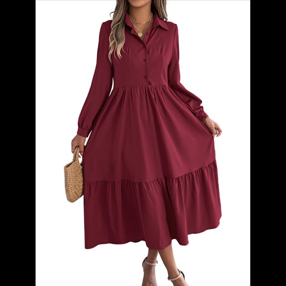 Womens Casual 3/4 Sleeve Shirt Dress Button Down V Neck Tiered Collared Flowy Maxi Wine Red M
