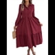 thumbnail image 1 of Vestido Camisero Informal de 3/4 para Mujer, con Botones, Cuello en V, Cuello Escalonado, Holgado y Vino Tinto L, 1 of 9