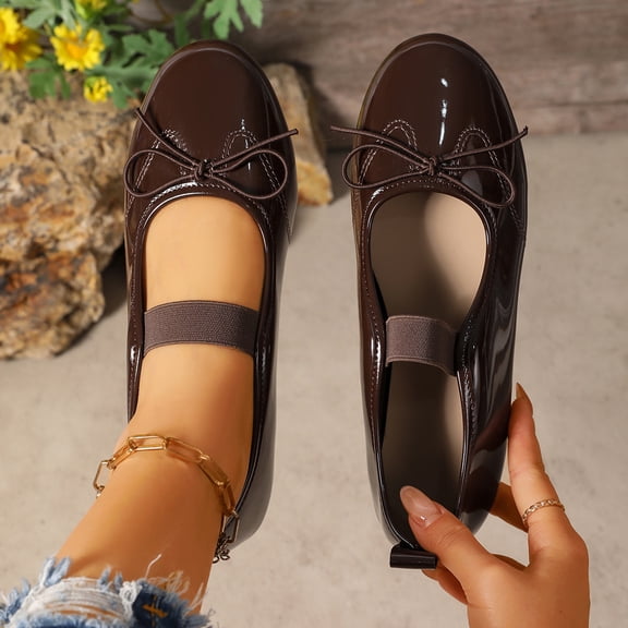 Bkhluea Women Patent Bow Mary Jane Ballet Flats Adjustable Strap Comfortable Footwear For Office Work Party Daily Casual Use