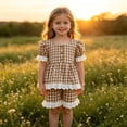 thumbnail image 2 of Toddler Girl Outfits 2 Piece Lace Plaid Print Short Sleeve Crew Neck Pocket T-Shirt And Shorts Outdoor Wear Baby Girls' Clothing Sets 6 Months-12 Months, 2 of 9
