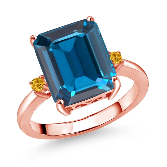 Gem Stone King 18K Rose Gold Plated Silver 12X10MM London Blue Topaz and 2MM Yellow Created Sapphire 3 Stone Engagement Ring for Women | 7.60 Cttw | Gemstone November Birthstone | Size 7
