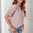 thumbnail image 3 of Camisas de gasa para mujer, blusas casuales de verano, manga corta, cuello en V, blusas con pompones de punto suizo para el trabajo, viajes y fiestas, 3 of 6