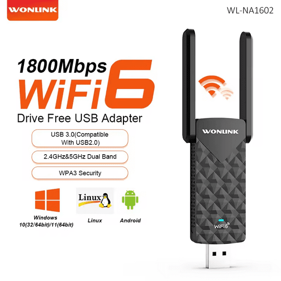 Wonlink USB WiFi Adapter for PC,AX1800 Dual Band Wireless Wifi6 Dongle for Windows 10/11 Drive-Free