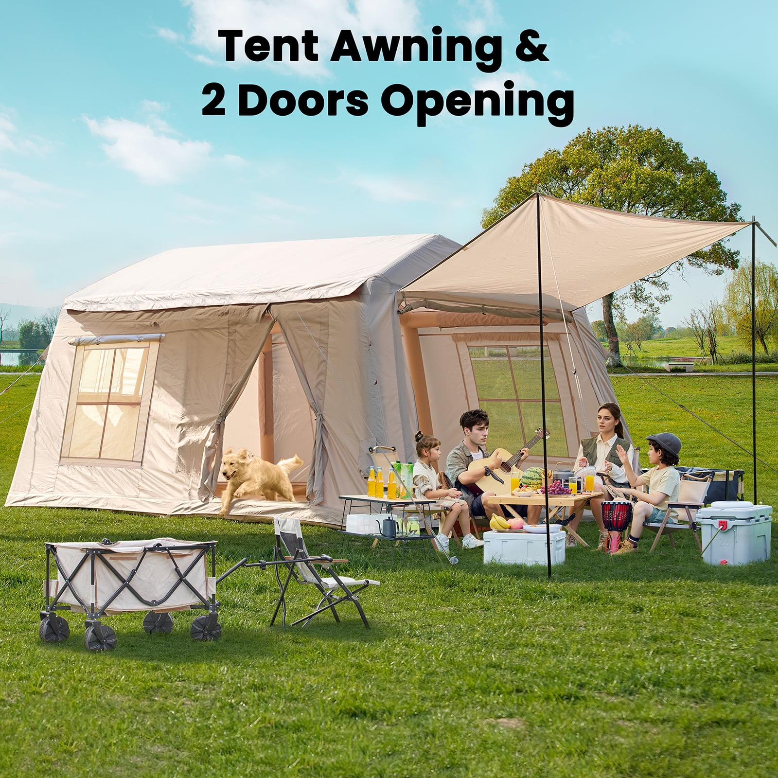Slsy 8-10 Person Inflatable Camping Tents with Canopy, Air Glamping Tents w/ Hand Pump & Carry Bag, Easy Setup Waterproof Windproof Blow up Tent, 4 Seasons Oxford Cabin Tent with Mesh&Chimney Window