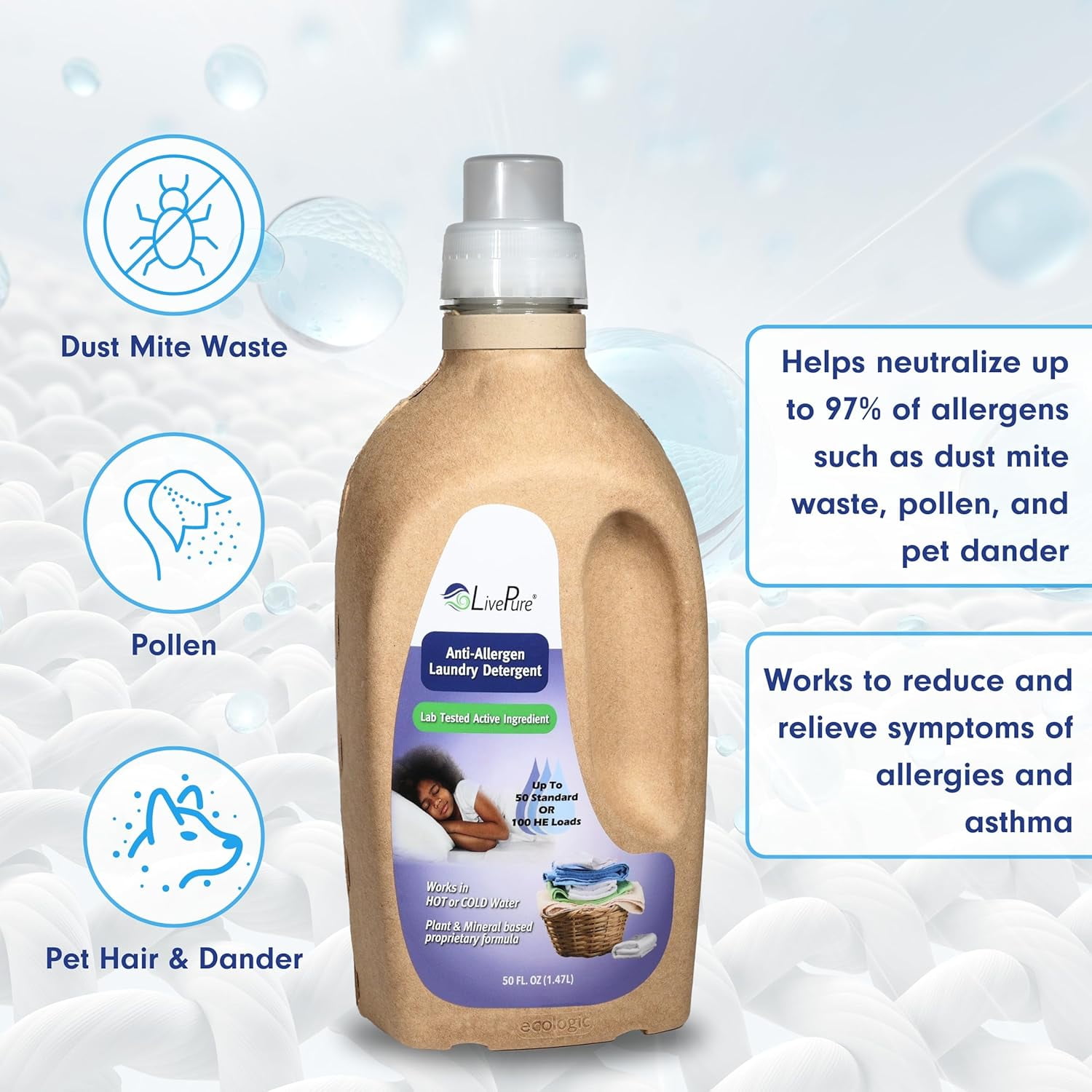 LivePure Anti-Allergen 50 OZ Laundry Detergent for Dust Mites, Pet Dander, Allergies.