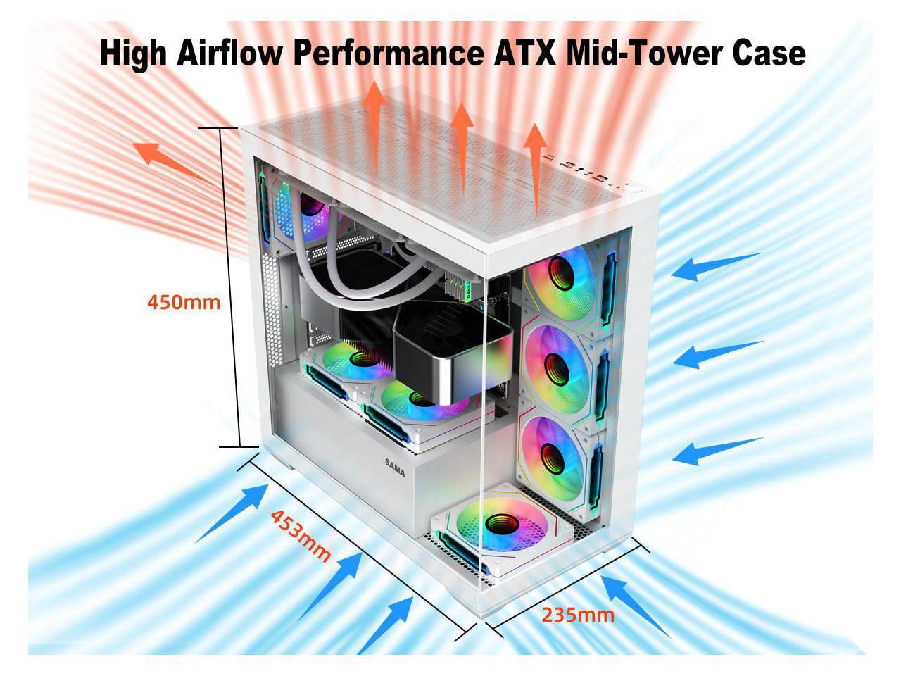 SAMA SV01 Gaming PC Case Computer Mid Tower ATX Case White with 4 Addressable RGB Fans Pre-Installed, Back Plug Motherboard Design, Tempered Glass Transparent Side Panel