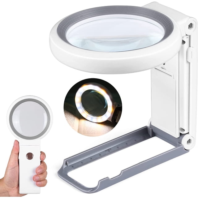 Lupa de 30X 10X con luz y soporte, lupa de mano plegable Lupa iluminada con 18 LED para degeneración macular, lectura de personas mayores, trabajo de cerca, monedas, joyas