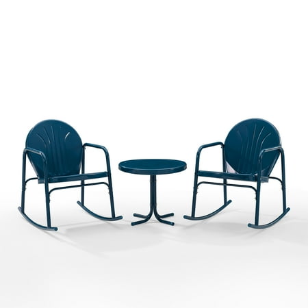 Crosley Furniture KO10020NV Griffith 3-Piece Retro Metal Outdoor Seating Set with Side Table and 2 Rocking Chairs, Navy Gloss