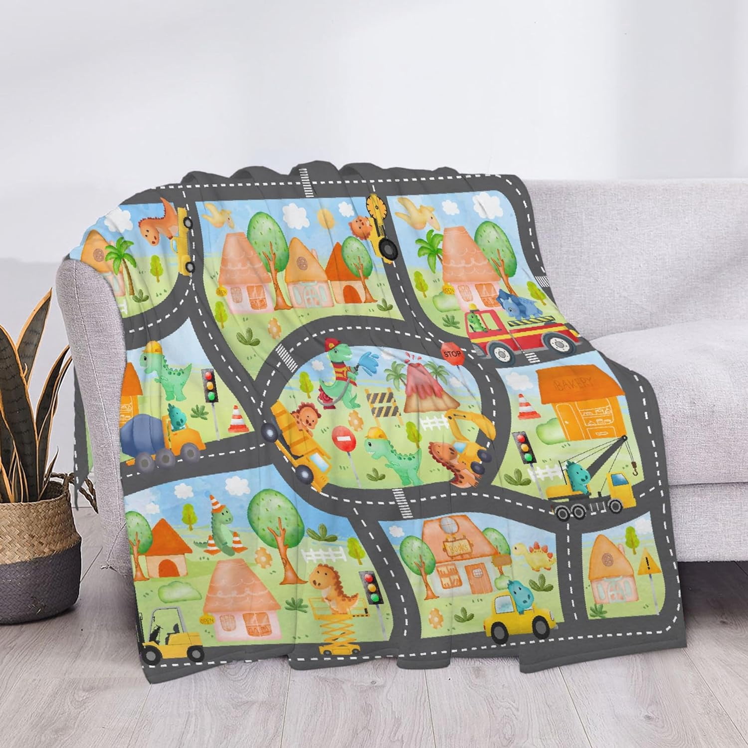Dinosaur Construction Truck Flannel Gift Blanket Construction Truck Gift Blanket For Boy Girl Dinosaur Lovers Cozy Soft Dinosaur Road Map Throw Blanket for Bed Couch Outdoor50''''x 60'''' for Teens
