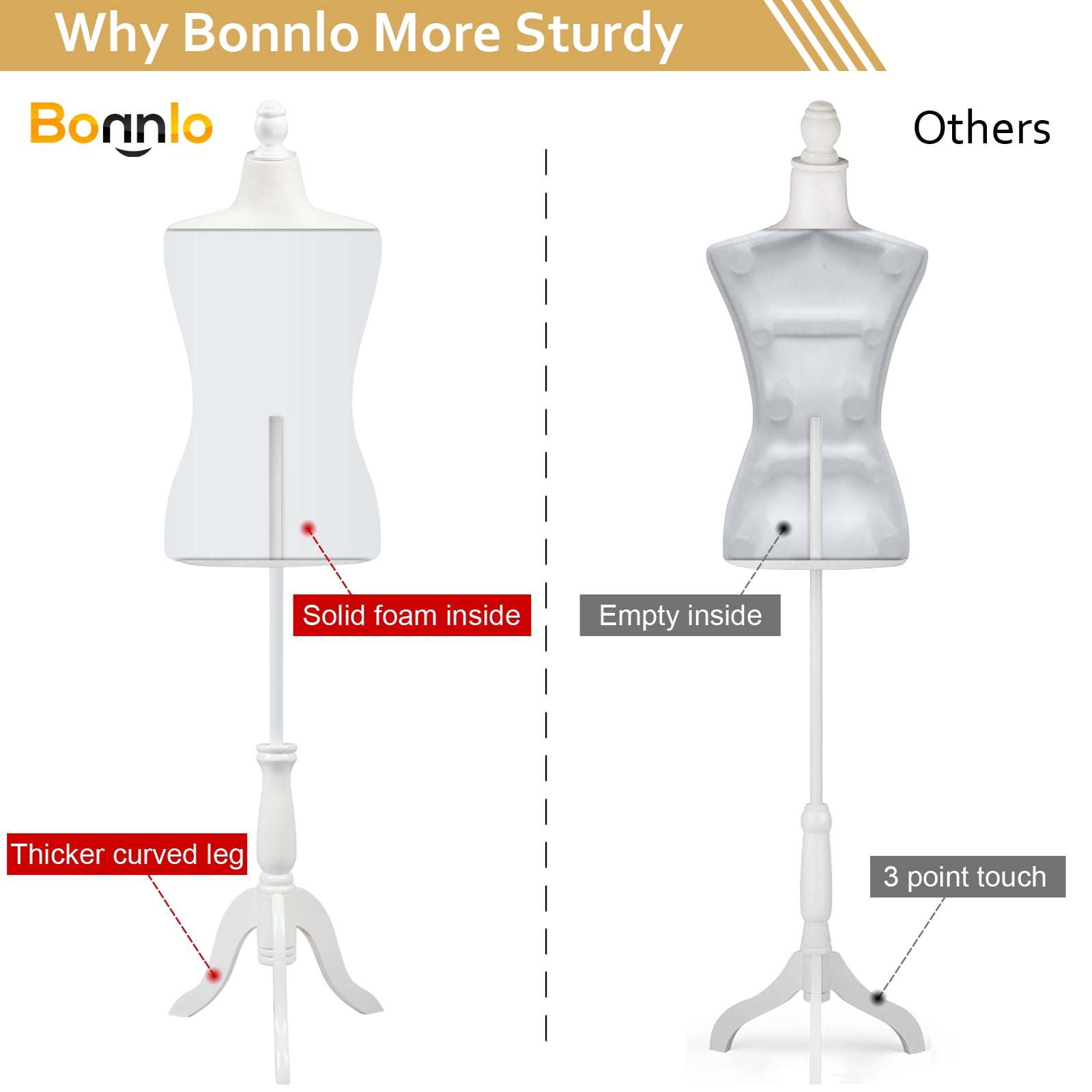 Bonnlo Female Dress Form Pinnable Mannequin Body Torso with Wooden Tripod Base Stand (White, 10-12)