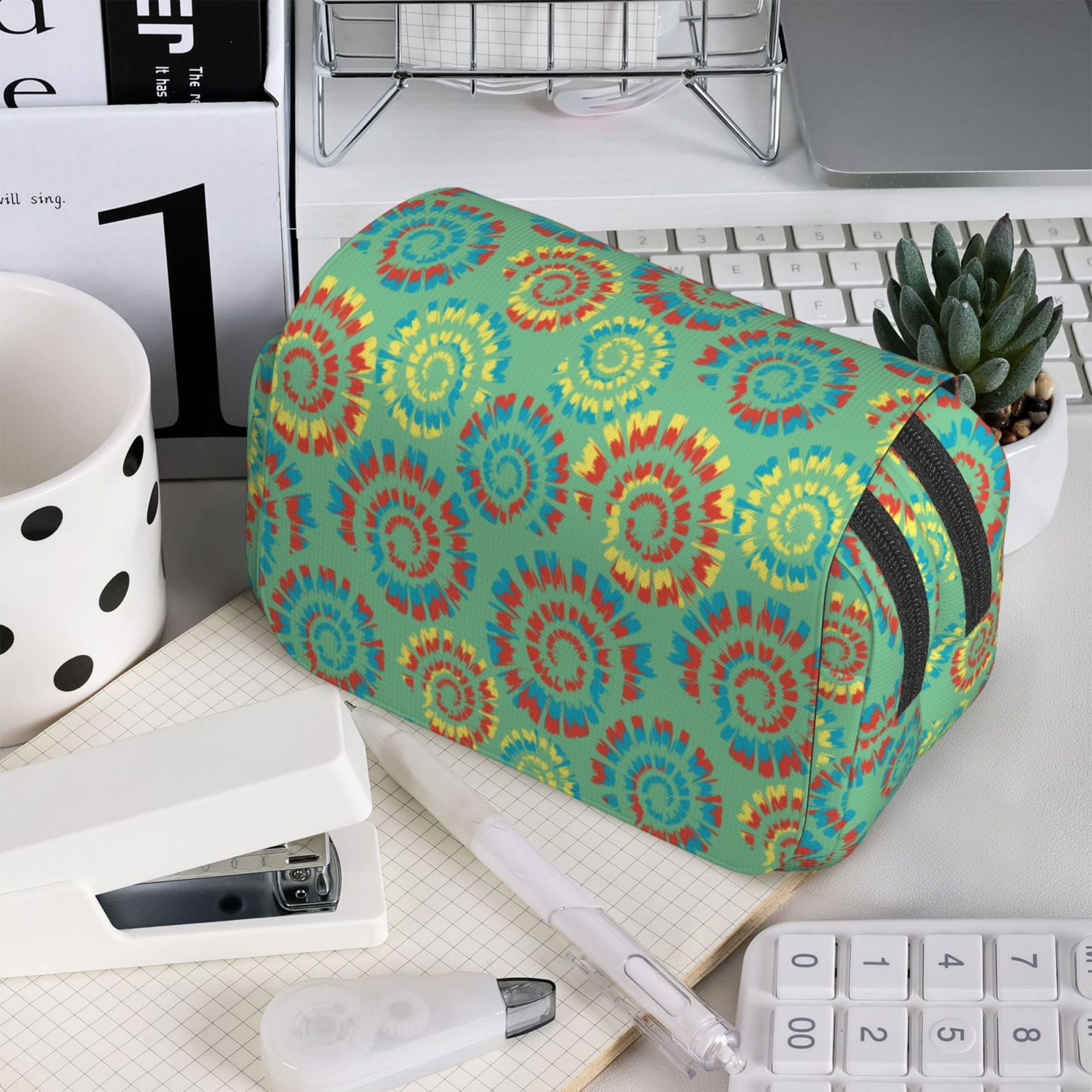 Rateoe Colourful Tie Dye Pattern Double Clamshell Pen Case, Storage Organizer with Two Zipper Compartments– Holds Up to 50 Pencils & Pens