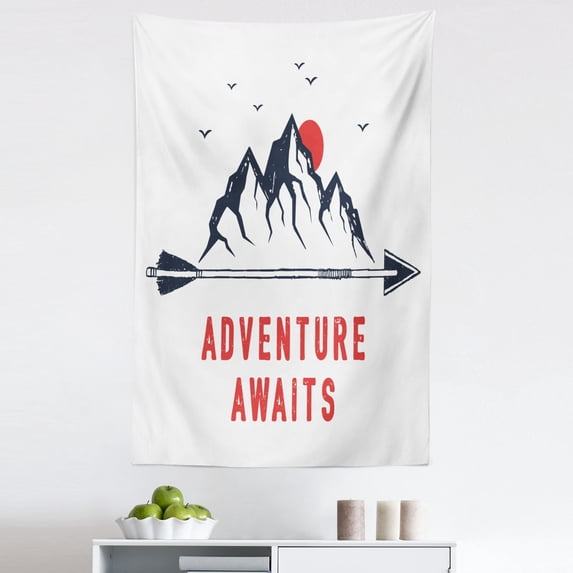 Saying Tapestry, Mountains Full Moon Sky with Flying Gulls Words Adventure Wanderlust, Fabric Wall Hanging Decor for Bedroom Living Room Dorm, 5 Sizes, Dark Blue Grey Vermilion, by Ambesonne