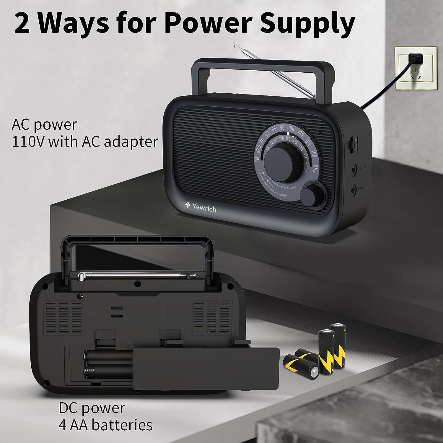 AM FM Radio with Best Reception, Bluetooth Speaker Portable Radio, DSP Plug in Wall,Battery Operated or AC Power with Headphone Jack, Large Tuning Knob for Home Kitchen Outdoor, Black
