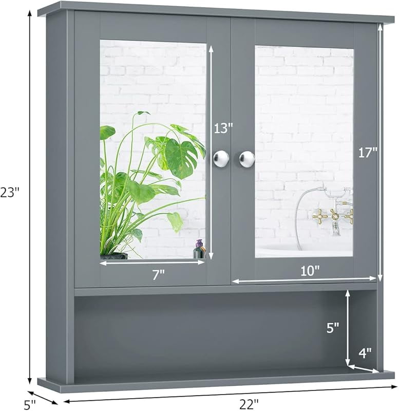 Bathroom Medicine Cabinet with Mirror, Wall Mounted Wooden Hanging Organizer with Doors and Shelves, Bathroom Wall Mirror Cabinet
