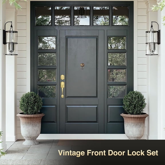 Front Door Handle Sets, Entry Door Handle Exterior and Interior Reversible Lever, Vintage Front Door Handle and Deadbolt Set, Front Door Lock Set for Right or Left Handed Door, Satin Brass