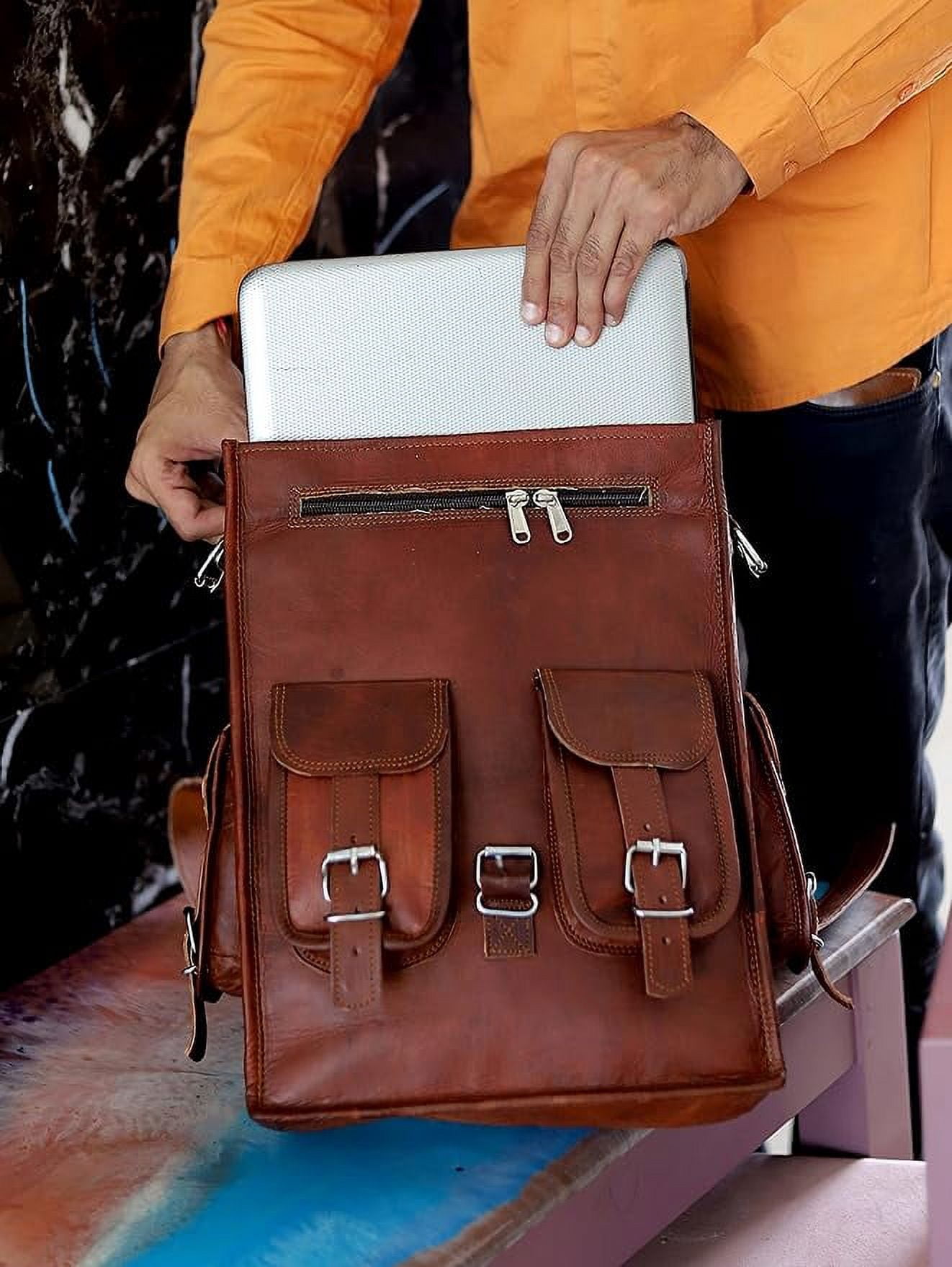 RUZIOON Vintage Leather Backpack Laptop Messenger Bag Rucksack Sling for Men Women, Brown, Size- 15"(H) x 5"(W) x 11"(L)