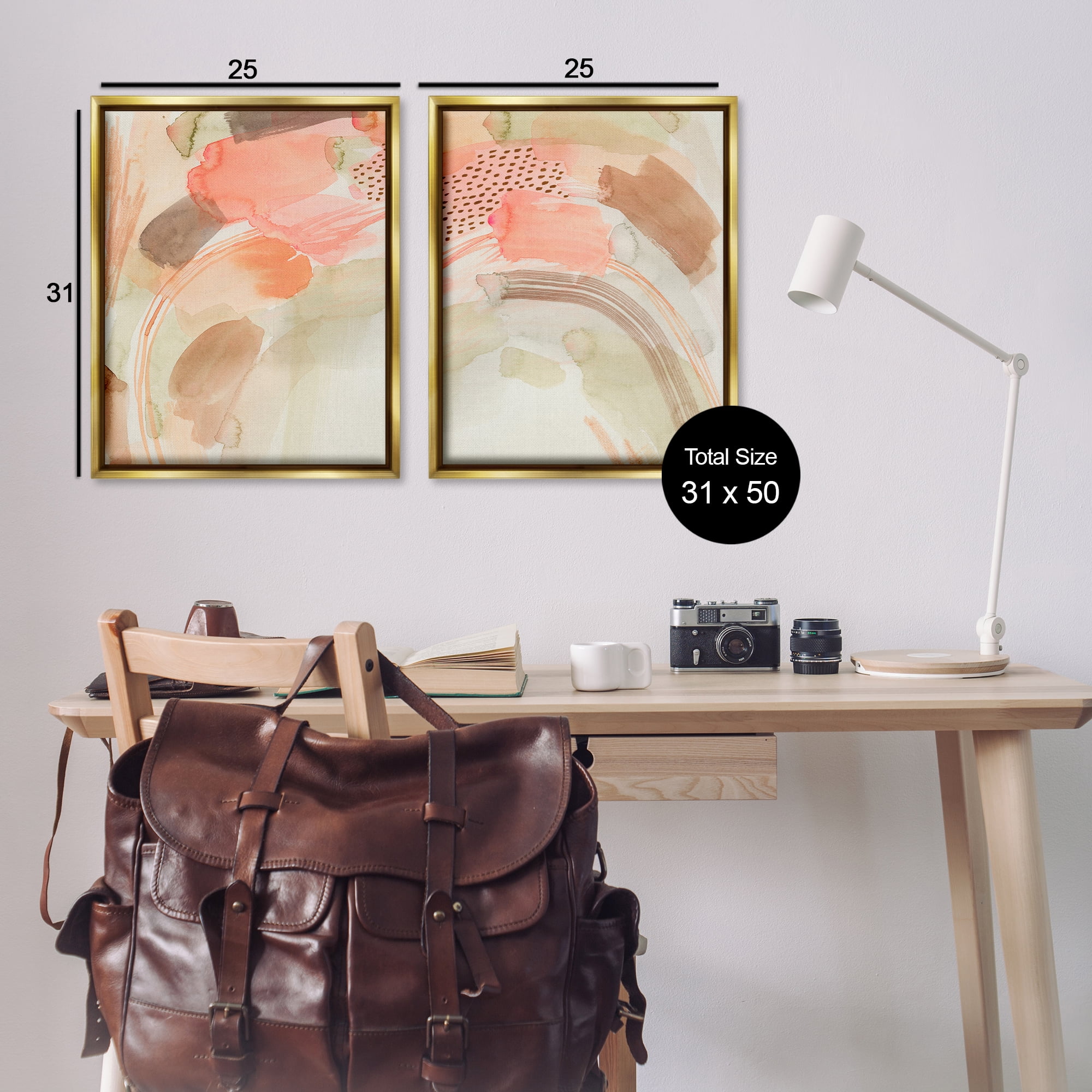 Stupell Industries Pink Peach Abstract Watercolor Abstract Painting Gold Floater Framed Canvas Art Print Wall Art, 31 x 25, Set of 2