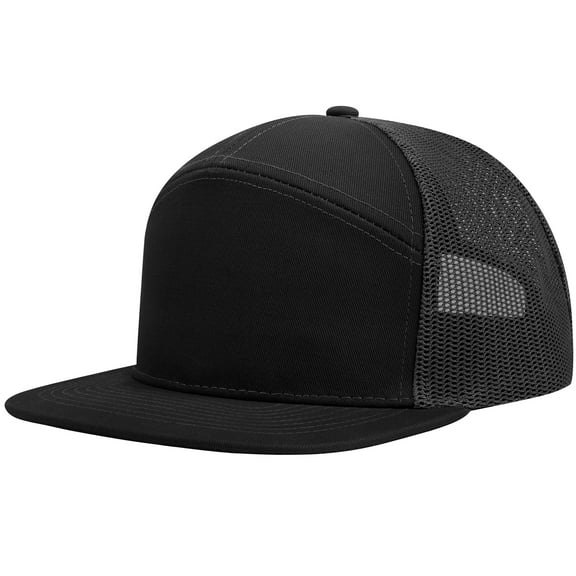 Toptie 7 Panel Trucker Cap Adjustable Snapback Flat Bill Mesh Back Hip Hop Hat-Black