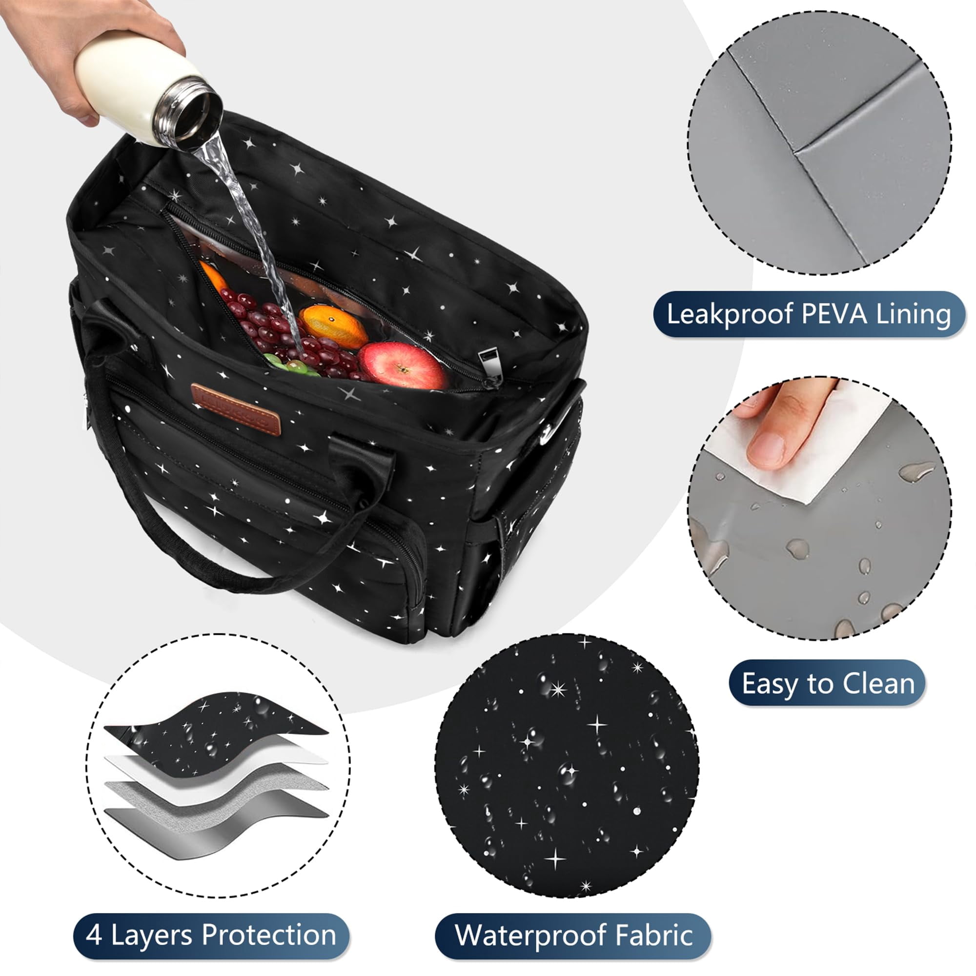 Lunch Bag Box Women - Leakproof Insulated Cooler For Large Tote Bags Adults  Black Starry Sky