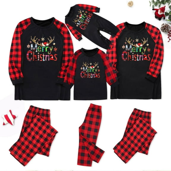 Odeerbi Christmas Pajamas for Family Holiday Plaid Long Sleeve Family Christmas Pajamas Matching Sets Dad Casual Plaid Print Tops Pants Set Two-Piece Sleepwear Xmas PJs Set Black