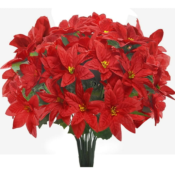 Dolicer 6 Pack Christmas Flowers Artificial Poinsettia Flowers, 14.6 inch Faux Velvet Red Poinsettia Floral for Christmas Tree Ornament Home Decorations