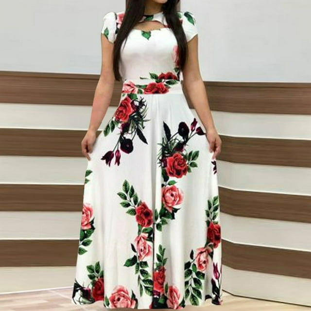 Robe Longue à Manches Courtes Florale Bohème pour Femmes, Robe Décontractée pour Dames