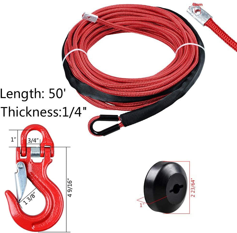 Astra Depot RED 50 x 3/16 Synthetic Winch Rope Cable Round Stopper Rubber Compatible with Jeep Truck ATV UTV 