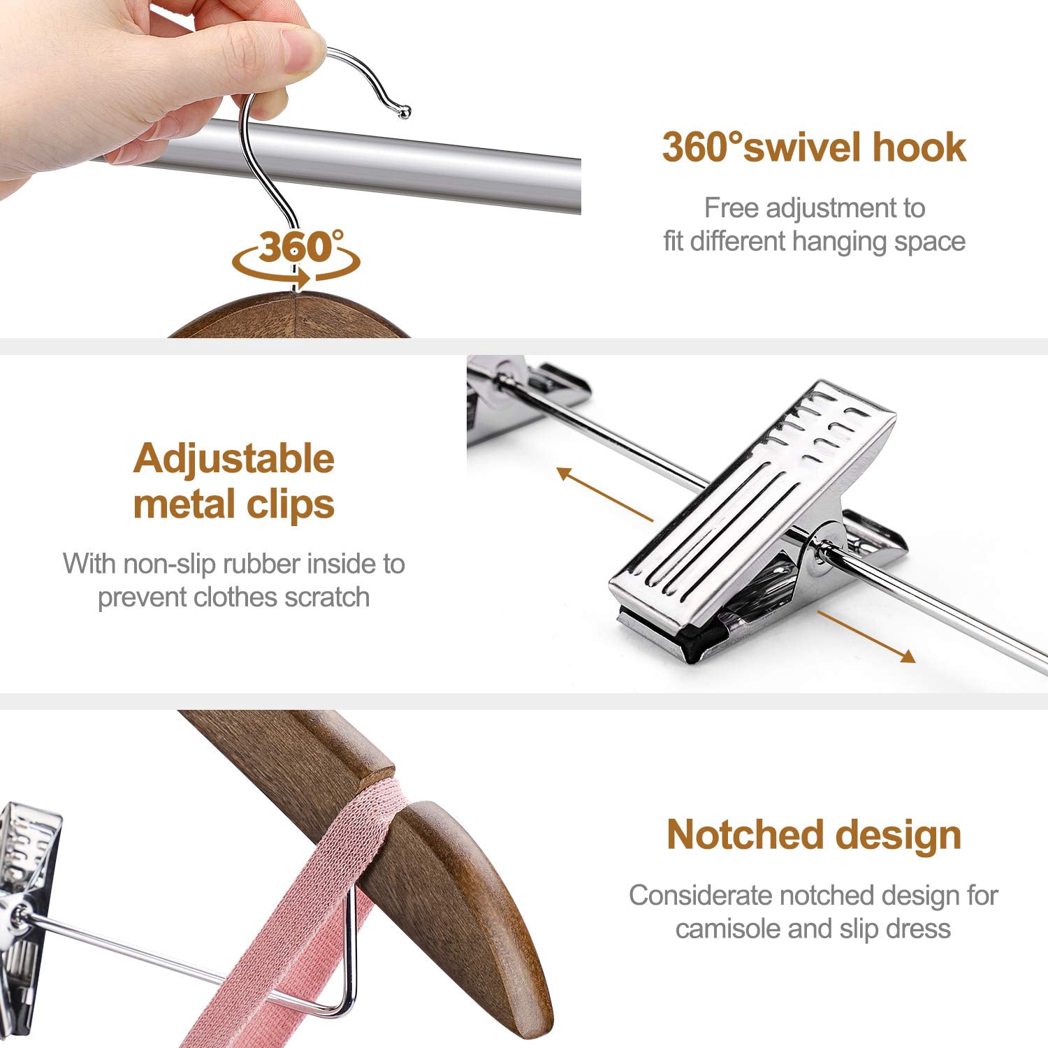 ACSTEP Wooden Hanger with Clips 12 Pack, Premium Coat Hanger, Wooden Clothing Hanger with Shoulder Grooves, 360 Degree Rotatable Hook, Walnut
