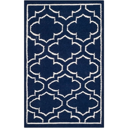 SAFAVIEH Dhurrie Walter Geometric Moroccan Wool Area Rug, Navy/Ivory, 3' x 5'