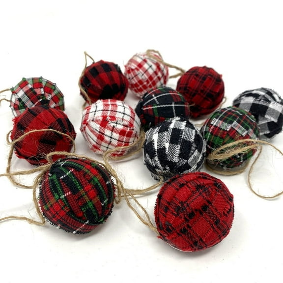Set of 12 Red, Black & White Plaid Homespun Fabric Christmas 1.5 inch Ball Ornaments by Marilee Home