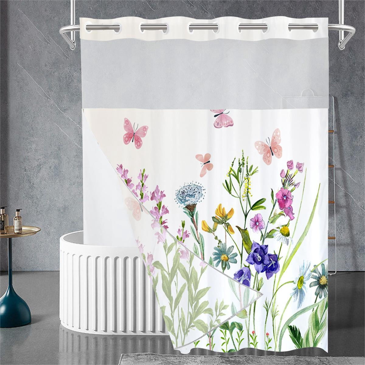 Dznils White No Hook Fabric Shower Curtain with Snap-in Liner, 72" x 74", Pink Floral Patterned