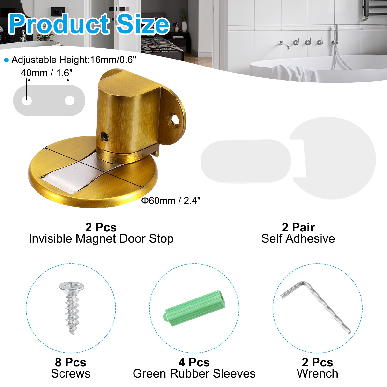 Invisible Adjustable Magnet Door Stop with Self Adhesive & Screw Mount, Yellow Bronze 2 Pack