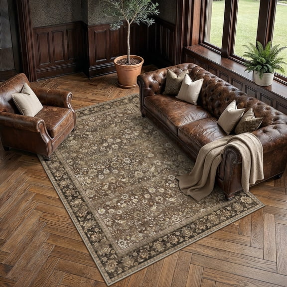 BERTHMEER 5'x7' Vintage Brown Area Rugs for Living Room Bedroom Dining Room Farmhouse Traditional Oriental Office Rugs Machine Washable non-slip
