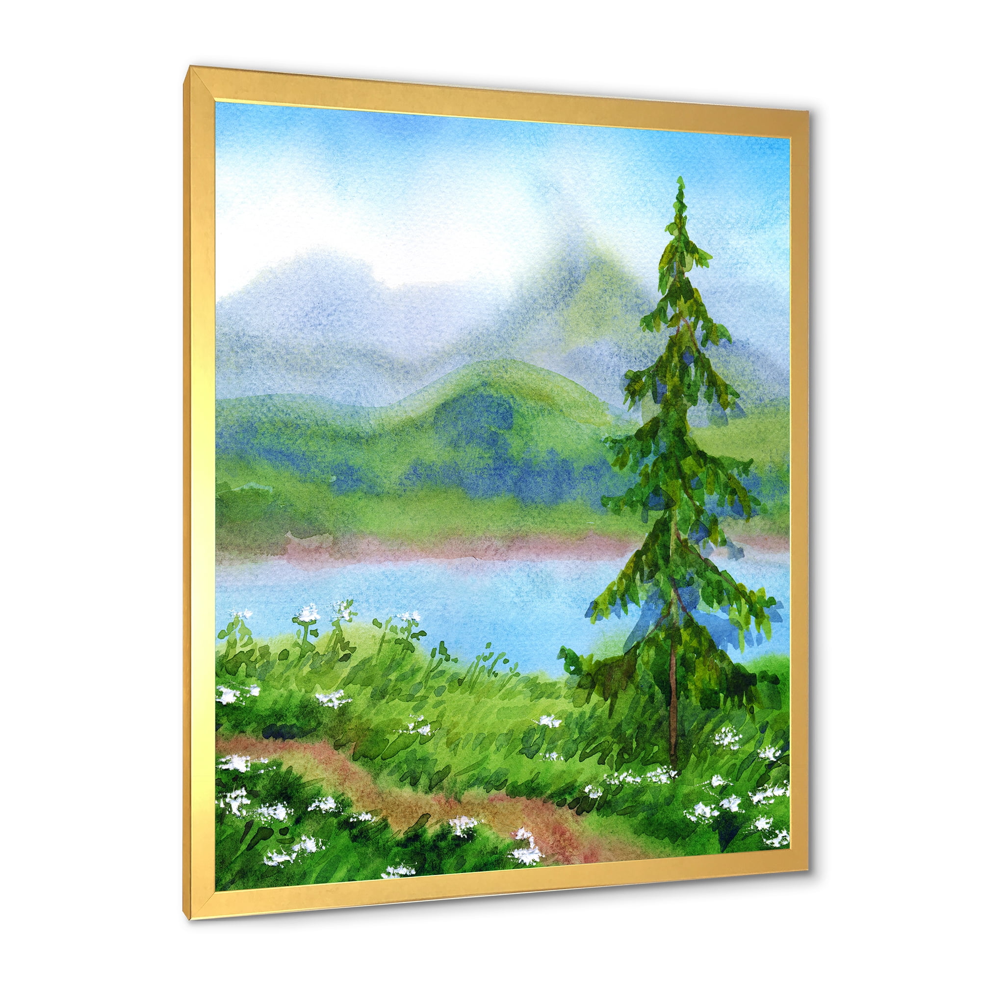 Designart 'Landscape River Spruce Near The Trail On A Hill' Traditional Framed Art Print