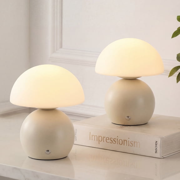Kanya 7.25" Modern Minimalist USB-C Rechargeable Table Lamp Set of 2, Almond Metal Base with White Glass Dome Shade and Touch Dimmer