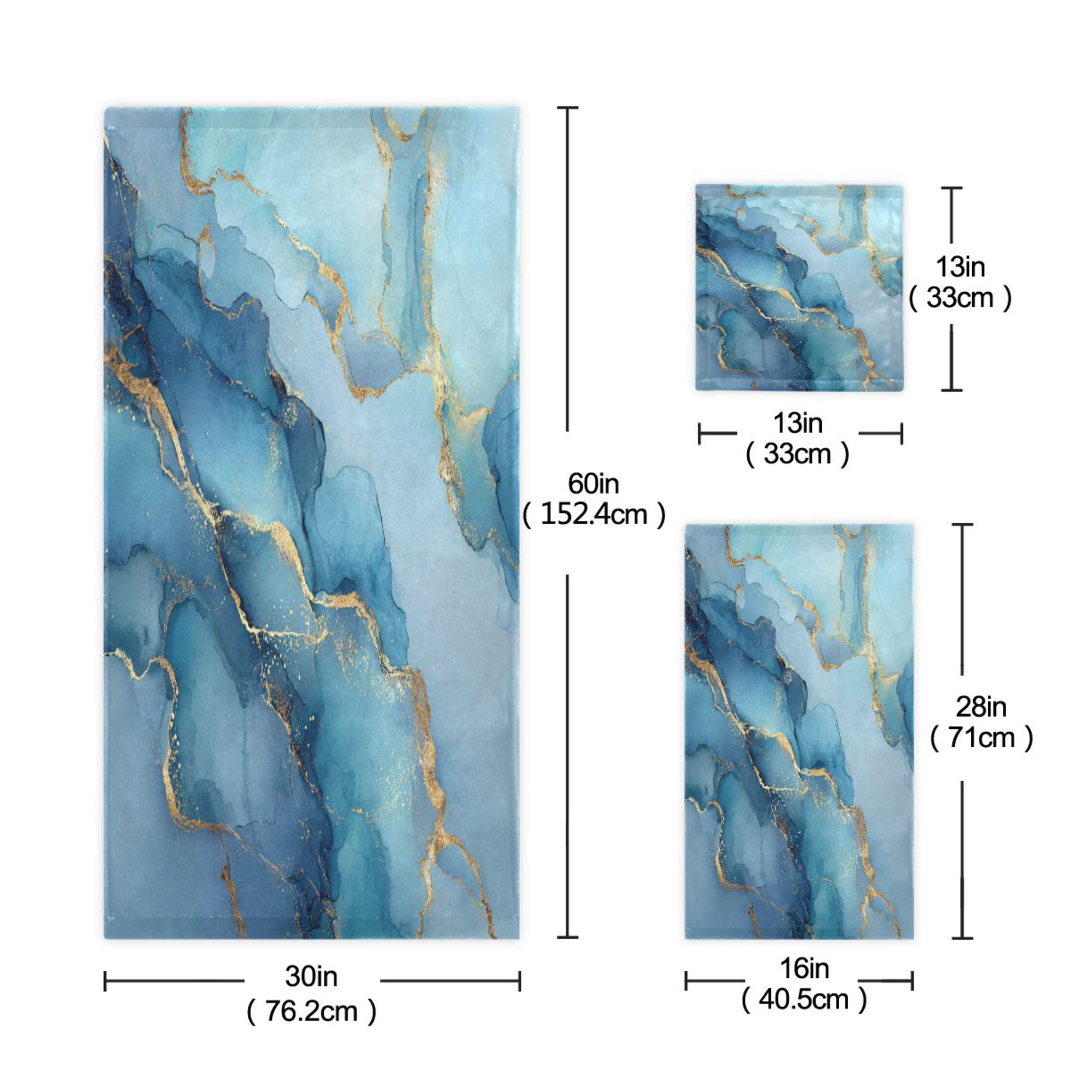3 Sizes of Towel Sets Including Bath Towel Hand Towel and Washcloth for Daily Use Light Blue Gold Marble Pattern